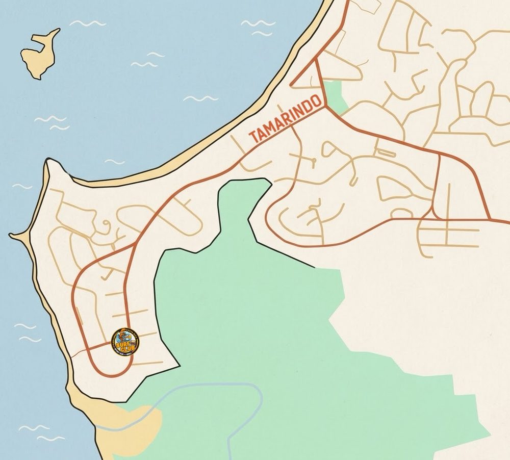 Illustrated map of Playa Langosta: Surf Club sits on the main road down from Tamarindo, a short walk from the beach on the west and the estuary to the east.